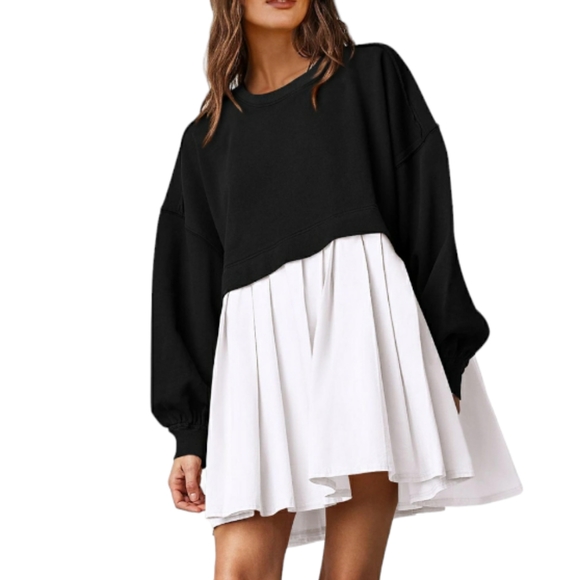 LJ's Boutique Dresses & Skirts - Casual Sweatshirt Dress Long Sleeve Patchwork Pullover Tops Pleated Mini Dress